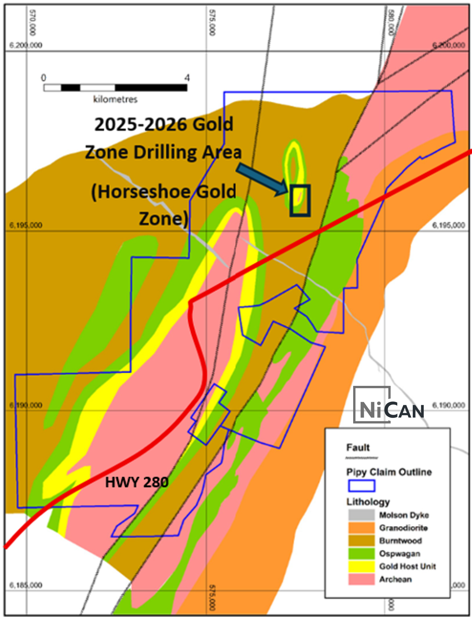 Figure 1: Horseshoe Gold Zone Location within the Pipy South Property including recently staked, newly identified permissive geological setting to the south