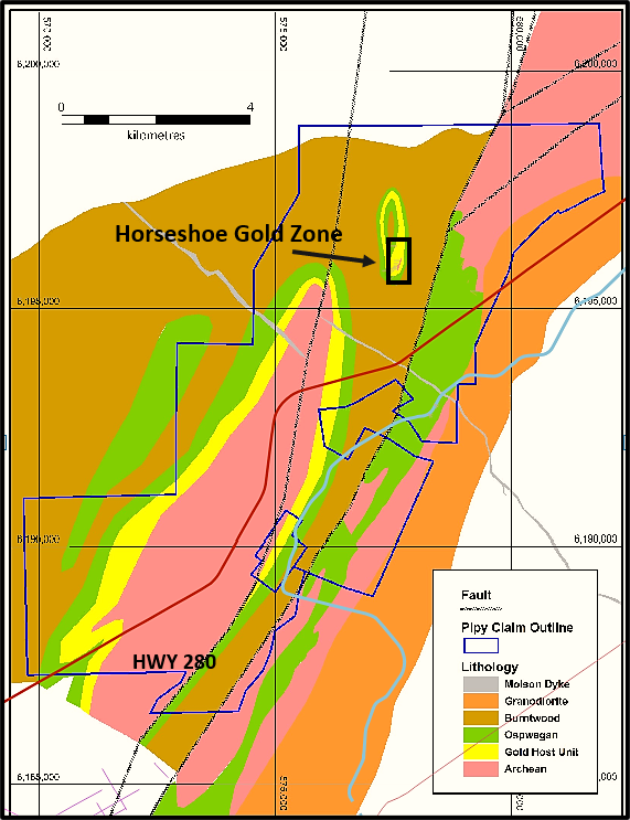 Figure 1: Horseshoe Gold Zone within the Pipy South Property and newly identified prospective geological setting to the south