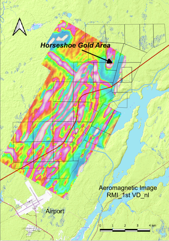 Figure 3: Aeromagnetic Image of Pipy South Property Showing the Horseshoe Gold Zone in the Northeast and the Extensive Structures to the South